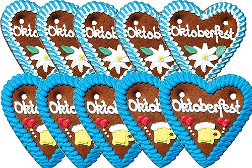 Oktoberfest Lebkuchenherzen, 10 Stück, sortiert, Gewicht pro Herz 70g, mit Band zum Umhängen, blau weiß, 14 cm groß, ideal fürs eigene Oktoberfest von Pahna