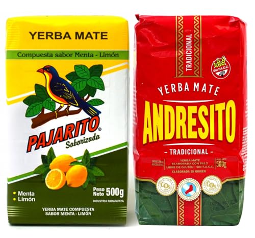 Yerba Mate-Tee Set 2x0,5kg●Mate-Tee Pajarito Menta-Limon 500g●Andresito Tradicional Mate-Tee 500g●Elaborada aus Argentinien und Paraguay●Minze-Zitronen-Aroma●lose Blätter●1kg Yerba Mate von Pajarito