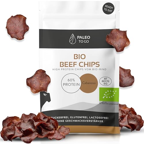 PALEO TO GO Beef Chips [100% BIO] 60% High Protein Bio Rindfleisch [Made in Austria] ohne Konservierungsstoffe Protein Beef Jerky Snack Trockenfleisch 8x 20g Fleisch Snacks Protein Chips von Paleo To Go