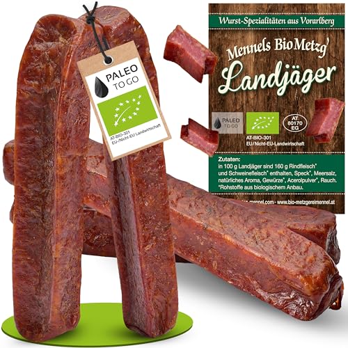 PALEO TO GO Bio Landjäger 6 Paar (à 140 g) - Premium Rohwurst-Spezialität aus Rind- und Schweinefleisch - 100% natürlich & ohne Zusätze - geräucherte Snack Wurst - herzhaft & aromatisch von Paleo To Go