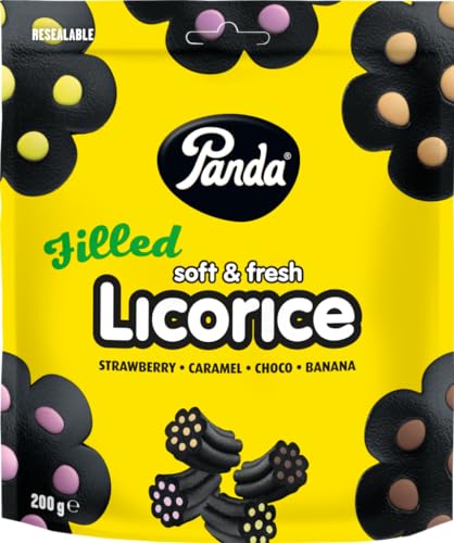 Panda ® Lakupala gefüllte Lakritze, weich und frisch gefüllt, original Panda Lakritz mit vier köstlichen Füllungen, Erdbeere, Schokolade, Karamell und Banane, 250 g x 18 Beutel von Panda