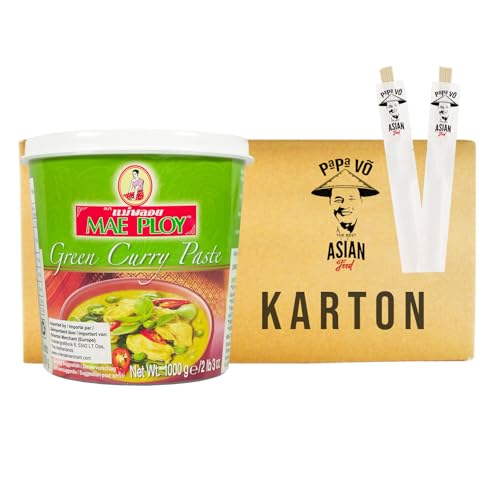 12er Pack (12x1Kg) Mae Ploy Thailändische Grüne Currypaste + 2 Papa Vo Esstäbchen von Papa Vo