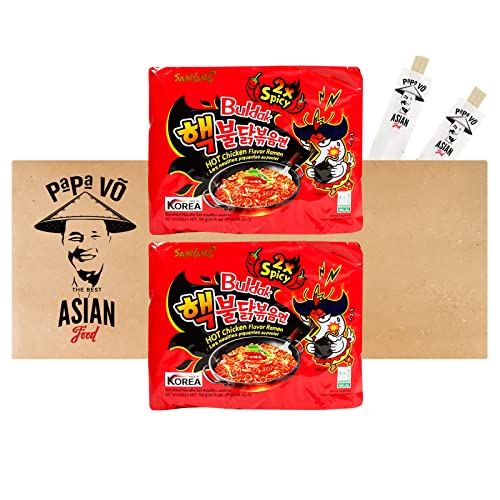2er Pack (2x700g) Samyang Doppel Hot Chicken Flavour Instant Ramen Nudeln + 2 Papa Vo Esstäbchen von Papa Vo