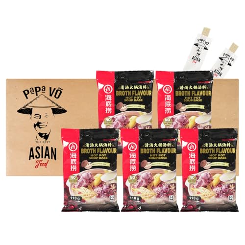 5er Pack (5x110g) Haidilao Hot Pot Suppenpaste + 2 Papa Vo Essstäbchen von Papa Vo