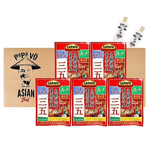 5er Pack (5x150g) Sanwu Feuertopfsauce scharf + 2 Papa Vo Chopsticks von Papa Vo