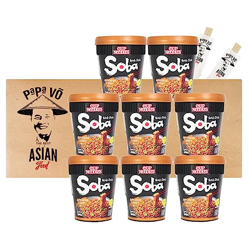 8er Pack (8x90g) PackNissin Soba Japanese Curry Wok Style Cup Noodles + 2 Papa Vo Chopsticks von Papa Vo