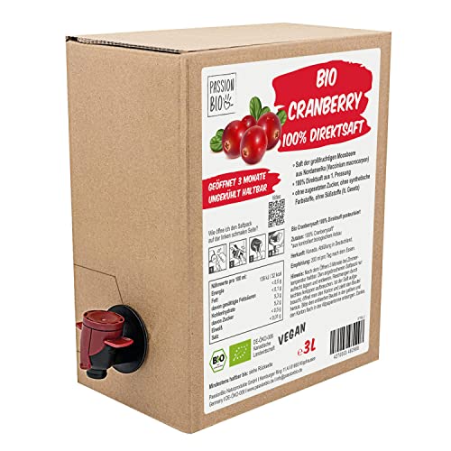 Bio Cranberry Direktsaft 3 Liter Box - Cranberry Saft aus 100% Bio Cranberries, 30 Tage Vorratspackung - Veganer Cranberry Muttersaft, ohne Zuckerzusatz, ohne Süßstoffe (lt. Gesetz) von PassionBio