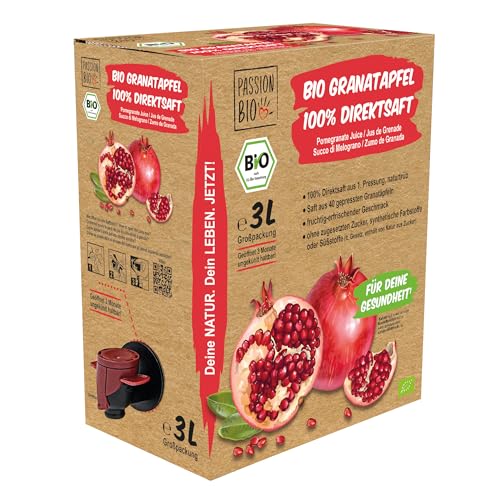 Bio Granatapfelsaft, 3 Liter – 100% Bio Granatapfel Direktsaft aus 40 türkischen Granatäpfeln – in Deutschland abgefüllt – fruchtig, erfrischender Geschmack – kein zugesetzter Zucker (lt. Gesetz) von PassionBio