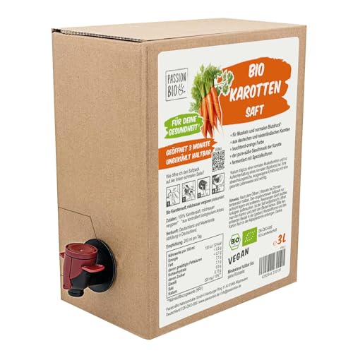 Bio Karottensaft 3 Liter Box - Aus deutschen und niederländischen Karotten - Vegan, leuchtend-orange Farbe, mit Spezialkulturen fermentierter Gemüsesaft von PassionBio