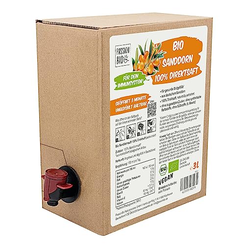 Bio Sanddorn Direktsaft 3 Liter Box aus deutschem Anbau - Sanddornsaft aus 100% Sanddornbeeren - Veganer Sanddorn Saft als natürliche Vitamin C Quelle, ohne Zuckerzusatz, ohne Süßstoffe (lt. Gesetz) von PassionBio