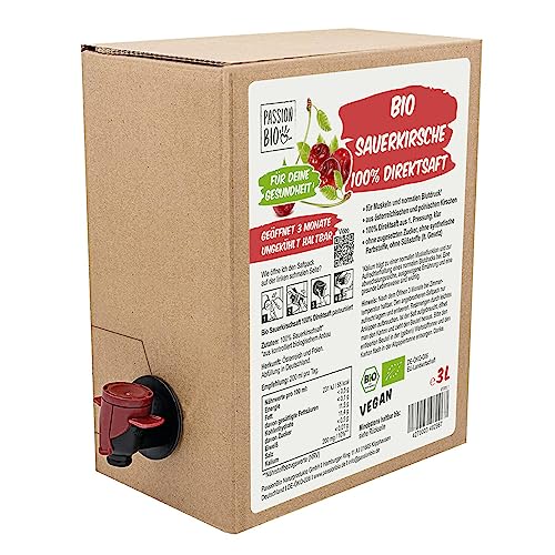 Bio Sauerkirsche Direktsaft 3 Liter Box - Sauerkirschsaft aus 100% europäischen Sauerkirschen - Veganer Sauerkirsch Saft, ohne zugesetzten Zucker, ohne Süßstoffe (lt. Gesetz) von PassionBio