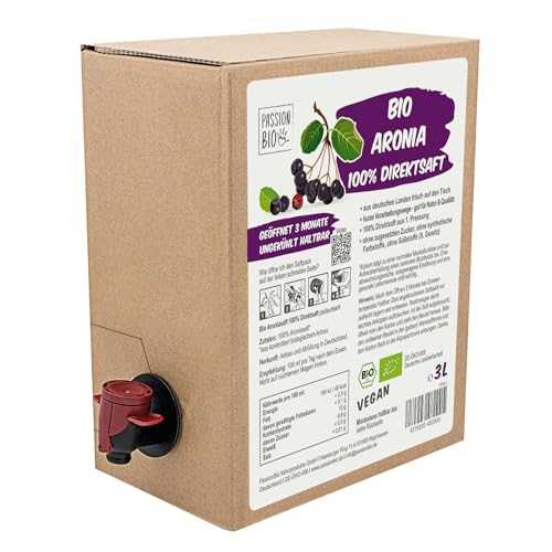 Bio Aronia Direktsaft 3 Liter Box aus deutschem Anbau - Aroniasaft aus 100% Aroniabeeren, 30 Tage Vorratspackung - Veganer Aronia Saft, ohne zugesetzten Zucker, ohne Süßstoffe (lt. Gesetz) von PassionBio