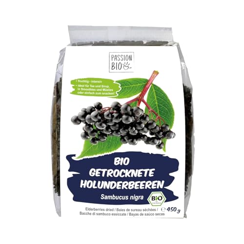 PassionBio Holunderbeeren getrocknet Bio 450 g - Schwarzer Holunder zum Zubereiten von Tee und Sirup - Vegan, ohne Konservierungsstoffe, ohne zugesetzten Zucker (lt. Gesetz) von PassionBio