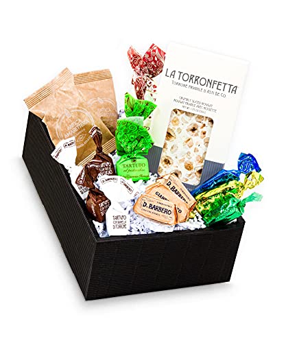 "Dolce Momento" Süßes Geschenkset mit exklusiven italienischen Süßwaren Tartufini Gianduiotti Pralinen Toronfetta in einer schwarzen Geschenkbox (Toronfetta Haselnuss) von Passione Italia