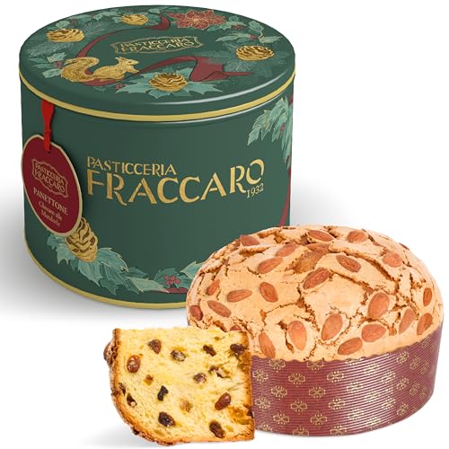 Artisan Panettone mit Mandelglasur, 750 gr - Pasticceria Fraccaro 1932, Panettone mit Mandeln, ohne kandierte Früchte, nur mit Rosinen, Teig mit Mutterhefe, hergestellt in Italien, Dose von Pasticceria Fraccaro 1932