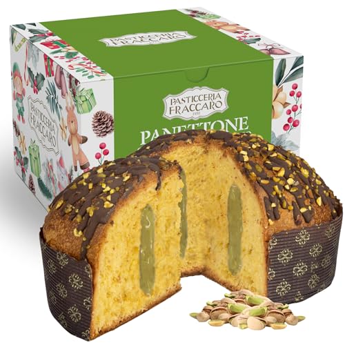 Artisan Pistazien-Panettone 750gr, Konditorei Fraccaro 1932, gefüllt mit Pistaziencreme, mit Mutterhefe, ohne kandierte Früchte und Rosinen, dunkle Schokolade und sizilianische Pistazienkruste, Karton von Pasticceria Fraccaro 1932