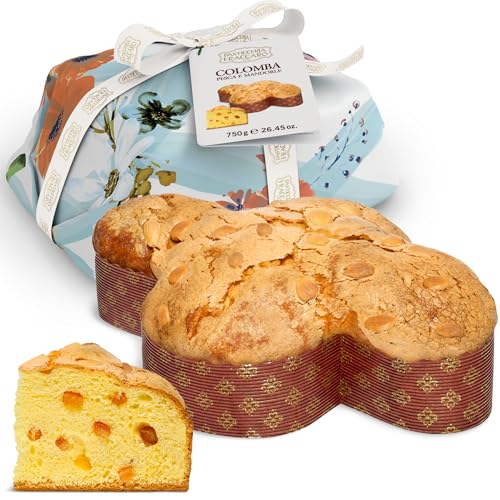 Handgefertigte Colomba mit kandierten Pfirsichen und Mandeln, 750 g - Pasticceria Fraccaro 1932, Ostergebäck mit süßen kandierten Pfirsichen, Teig mit Sauerteig, Verpackungslinie von Pasticceria Fraccaro 1932