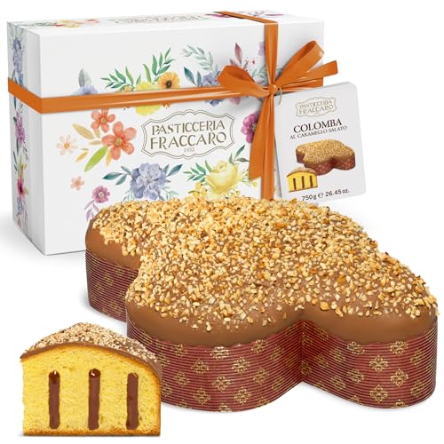 Handgemachte Oster-Taube mit gesalzenem Karamell, 750 g - Pasticceria Fraccaro 1932, mit gesalzenem Karamellcreme, Überzug aus Milchschokolade und gehackten Mandeln, Teig mit Sauerteig, Gift Box Linie von Pasticceria Fraccaro 1932