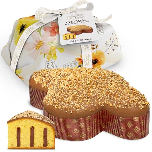 Handgemachte Oster-Taube mit gesalzenem Karamell, 750 g - Pasticceria Fraccaro 1932, mit gesalzenem Karamellcreme, Überzug aus Milchschokolade und gehackten Mandeln, Teig mit Sauerteig, Verpackung von Pasticceria Fraccaro 1932