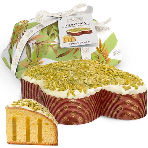 Handwerkliche Oster - Colomba gefüllt mit Pistaziencreme, 750 g – Pasticceria Fraccaro 1932, glasiert mit Schokolade und Pistazienkörnern, natürlicher Sauerteig mit Mutterhefe, Verpackungslinie von Pasticceria Fraccaro 1932