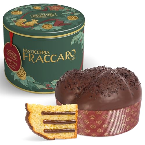 Handwerklicher Panettone mit Gianduia-Creme 750 g, Pasticceria Fraccaro 1932, gefüllt mit Gianduia-Creme, ohne kandierte Früchte und Rosinen, dunkler Schokoladenüberzug, Teig mit Mutterhefe – Dose von Pasticceria Fraccaro 1932