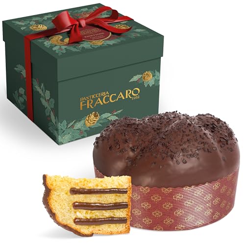 Handwerklicher Panettone mit Gianduia-Creme 750 gr, Pasticceria Fraccaro 1932, gefüllt mit Gianduia-Creme, ohne kandierte Früchte und Rosinen, dunkler Schokoladenüberzug, Teig mit Mutterhefe von Pasticceria Fraccaro 1932