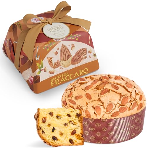 Handwerklicher Panettone mit Mandelglasur, 750 gr - Pasticceria Fraccaro 1932, Panettone mit Mandeln, ohne kandierte Früchte, nur mit Rosinen, Teig mit Mutterhefe, hergestellt in Italien, verpackt von Pasticceria Fraccaro 1932