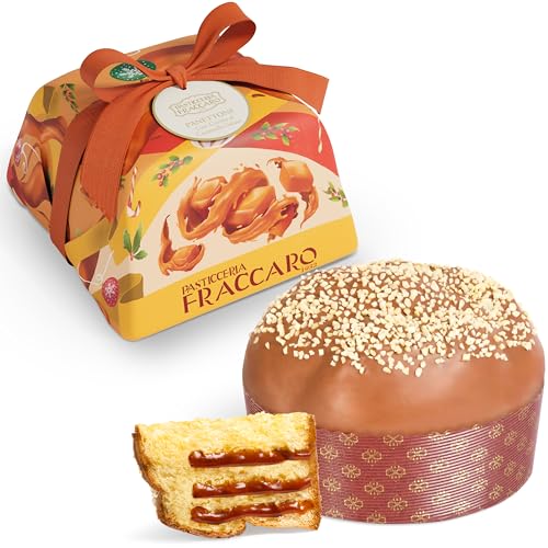 Handwerklicher Panettone mit gesalzenem Karamell 750, gr Pasticceria Fraccaro 1932, Panettone mit leckerer gesalzener Karamellfüllung, weiße Schokolade mit Karamellüberzug, Teig mit Mutterhefe von Pasticceria Fraccaro 1932