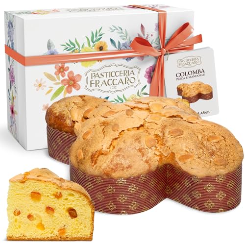 Ostertaube mit kandierten Pfirsichen und Mandeln, 750 g - Pasticceria Fraccaro 1932, Ostergebäck mit süßen kandierten Pfirsichen, Teig mit Sauerteig, Geschenkbox-Linie von Pasticceria Fraccaro 1932