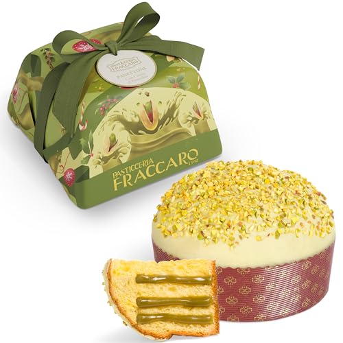 Pistazien-Panettone 750gr, Pasticceria Fraccaro 1932, gefüllt mit Pistaziencreme, mit Mutterhefe, ohne kandierte Früchte und Rosinen, dunkle Schokolade und sizilianische Pistazienkruste, Verpackung von Pasticceria Fraccaro 1932