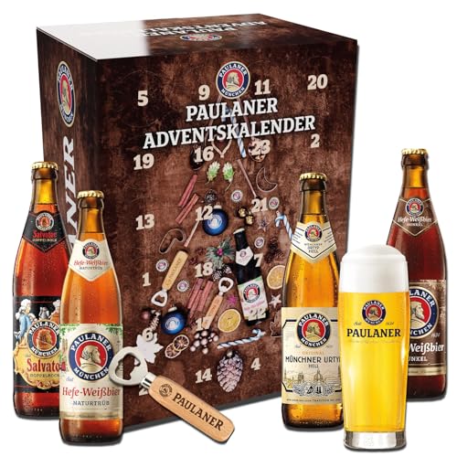 Paulaner | Bier-Adventskalender 2024 | 24 Tage Paulaner Biergenuss | Perfektes Biergeschenk zur Vorweihnachtszeit | inkl. Bierglas und Holzflaschenöffner von Paulaner