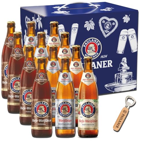 Paulaner | Biergeschenk im Geschenkskarton | 4 x Hefe-Weißbier | 4 x Weißbier Kristallklar | 4 x Hefe-Weißbier Dunkel | 12 x 0,5l Mehrwegflaschen | 1 Holz-Flaschenöffner von Paulaner Brauerei