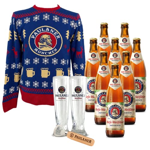 Paulaner XMAS SWEATER mit Hefe-Weißbier Naturtrüb | 8 x 0, 5l Mehrwegflaschen | 2 Weißbier Gläser Holz-Flaschenöffner (Größe M) von Paulaner