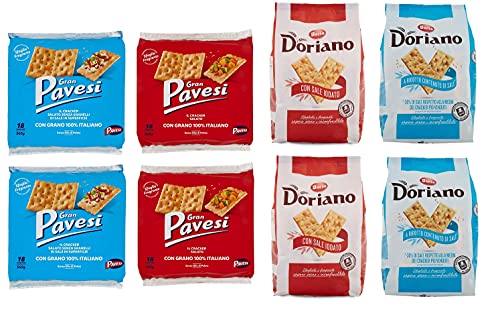 Testpaket Cracker Pavesi mit Salzkörnern ( 2 x 560g ) + Pavesi ohne Salzkörner ( 2 x 560g ) + Doria mit Jodsalz ( 2 x 700g ) + Doria mit reduziertem Salzgehalt ( 2 x 700g ) von Pavesi