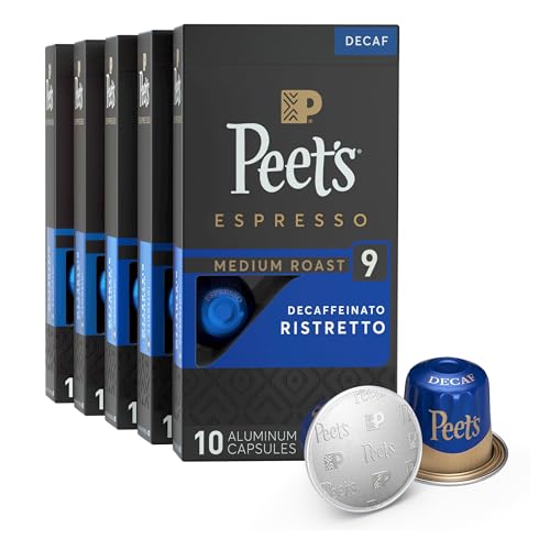 Peet's Coffee, Dark Roast Decaf Espresso Pods, Decaf Ristretto Intensity 9, 50 Stück (5 Boxen mit je 10 Espresso-Kapseln) von Peet's Coffee