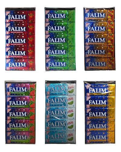 Falim 6er Pack mit verschiedenen Geschmacksrichtungen – Falim Kaugummi Erdbeere, Mastic, Wassermelone, Fruchtgeschmack, Minze, Karbonat – Türkische Kaugummis – Kaugummi ohne Zucker – Kaugummi Großpack von Pellear