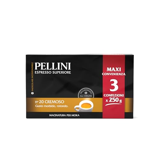 Pellini N.20 Cremoso, Gemahlener Kaffee für die Kaffeemaschine mit Ausgewogenem und Rundem Geschmack, Arabica- und Robusta-Mischungen, Mittlere Röstung, 3 Packungen mit je 250g von Pellini