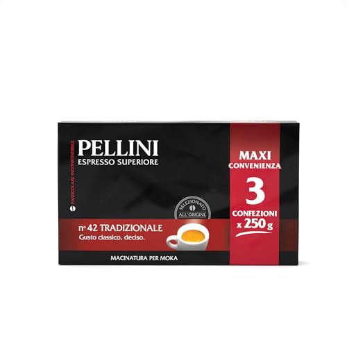 Pellini N.42 Tradizionale, Gemahlener Kaffee für die Kaffeemaschine mit Starkem und Intensivem Geschmack, Arabica- und Robusta-Mischungen, Kräftige Röstung, 3 Packungen mit je 250g von Pellini