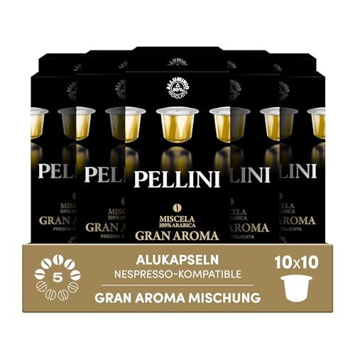 Pellini Gran Aroma 100% Arabica, 100 Nespresso-kompatible Alukapseln, Mildes 100% Arabica mit blumigen Noten und Marzipan, 10x10 Kapseln von Pellini