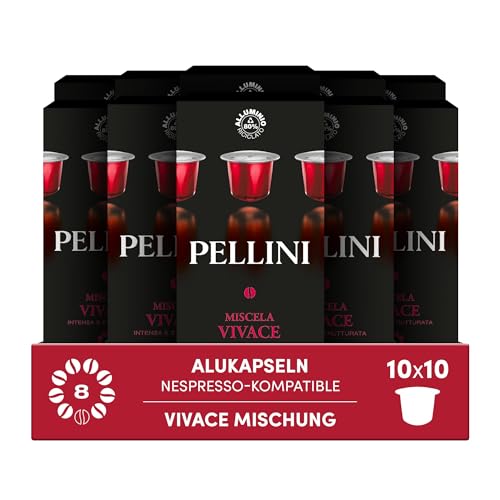 Pellini Vivace, 100 Nespresso-kompatible Alukapseln, Arabica-Robusta-Mischung mit kräftigem, intensivem Geschmack, Kakaound Lebkuchennote, 10x10 Kapseln von Pellini