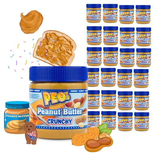 PEO's 24 x 340g Erdnussbutter Crunchy | Natürliche Peanut Butter aus gerösteten Erdnusskernen | Leckere Erdnussmus mit vollem und cremigen Geschmack | 24er Vorteilspack von Peo's