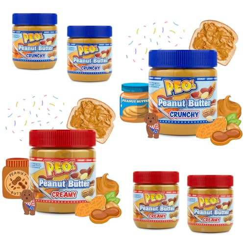 PEO's 6 x 340g Erdnussbutter Crunchy & Cremig je 3 Stück - Natürliche Peanut Butter Vorteilspack - Fein geröstet Extra Smooth und aus 90% Erdnüssen mit vollem und cremigen Geschmack von Peo's