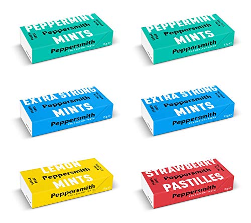 Peppersmith Mints PROBIERSET: 2x Pfefferminz, 2x Extra Strong, 1x Lemon, 1x Erdbeer, 90 g von Peppersmith