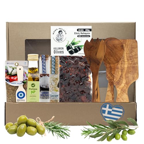 Kreta Feinschmecker-Set – Kalamon-Oliven, Olivenöl, Meersalz, handgefertigte Olivenholz-Utensilien – Feinkost Geschenkset für Küche & Genuss von Perfekto24