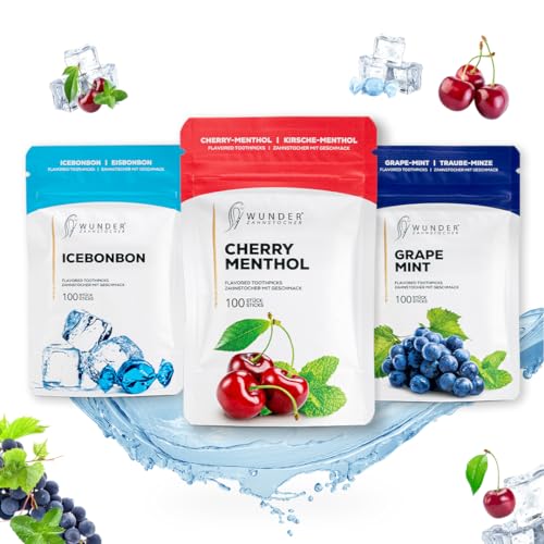 Wunder Zahnstocher - In 3 erfrischenden Sorten 'Fresh Breath Pack’ - Zahnstocher mit Geschmack - gute Alternative zu Kaugummi - frischer Atem mit Aromatisierte Zahnstocher (3er Pack) von Perfekto24