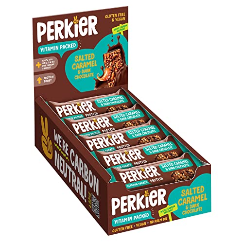 Perkier (15 Riegel), Salted Caramel & Dark Chocolate, Gesunde, Köstlicher, 100% Natürlich Vegan & Gluteinfreie Snack Riegel mit Vitamine von Perkier