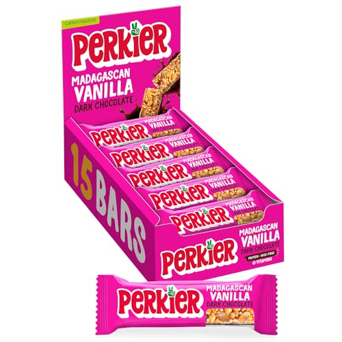 Perkier Madagascan Vanilla & Dark Chocolate, 15 Riegel, Gesunde, Köstlicher, 100% Natürlich Vegan & Gluteinfreie Snack Riegel mit Vitamine, Protein, reich an Ballaststoffen, Natürliche Inhaltsstoffe von Perkier