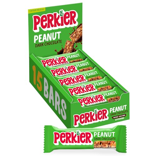 Perkier Peanut & Dark Chocolate Snack Bars (15er Pack) - Vegan - Glutenfrei - Eiweiß - reich an Ballaststoffen - Geringer Zucker - Natürliche Inhaltsstoffe - Kalorienarm - Gesund - Ohne Palmöl von Perkier