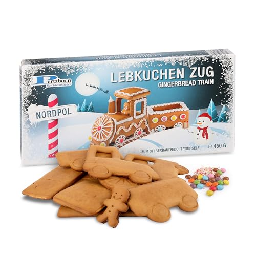 Pertzborn Lebkuchen Zug zum Selberbauen – 450g mit Lokomotive & Wagon – Essbare Weihnachtsdeko mit Schokolinsen und Nonpareilles – Einfache Anleitung für Weihnachtsspaß von Pertzborn