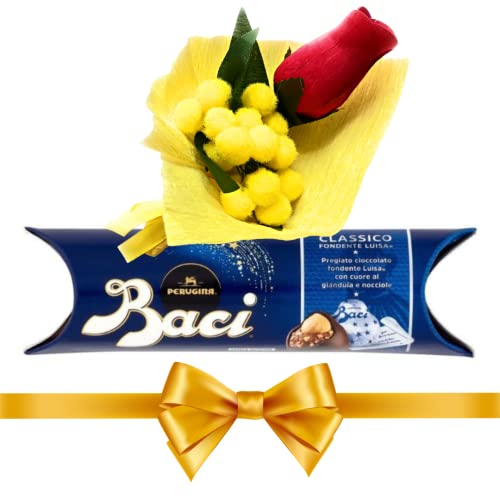 Baci Perugina Geschenkidee Frauentag 2025 – Baci Perugina Classic 37,5 g + künstlicher Mimosenstrauß + rote Knospe mit Holzblütenblättern- Geschenk Frau|Geschenk Freundin|8. März von Perugina